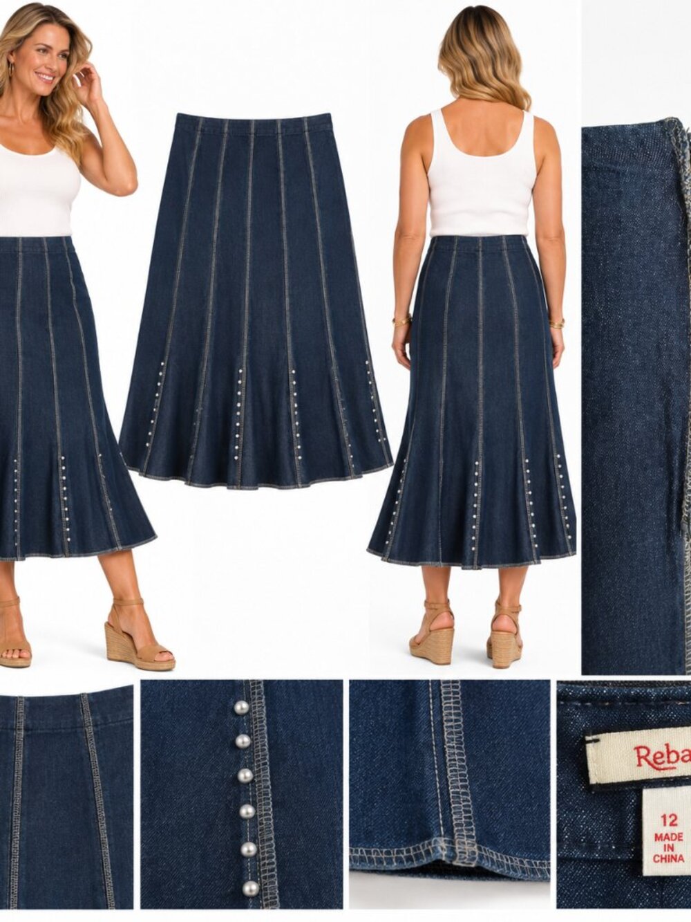 Reba Sz 12 Dark Denim Studded Flare Midi Skirt Western Y2K Cowgirl Side Zip